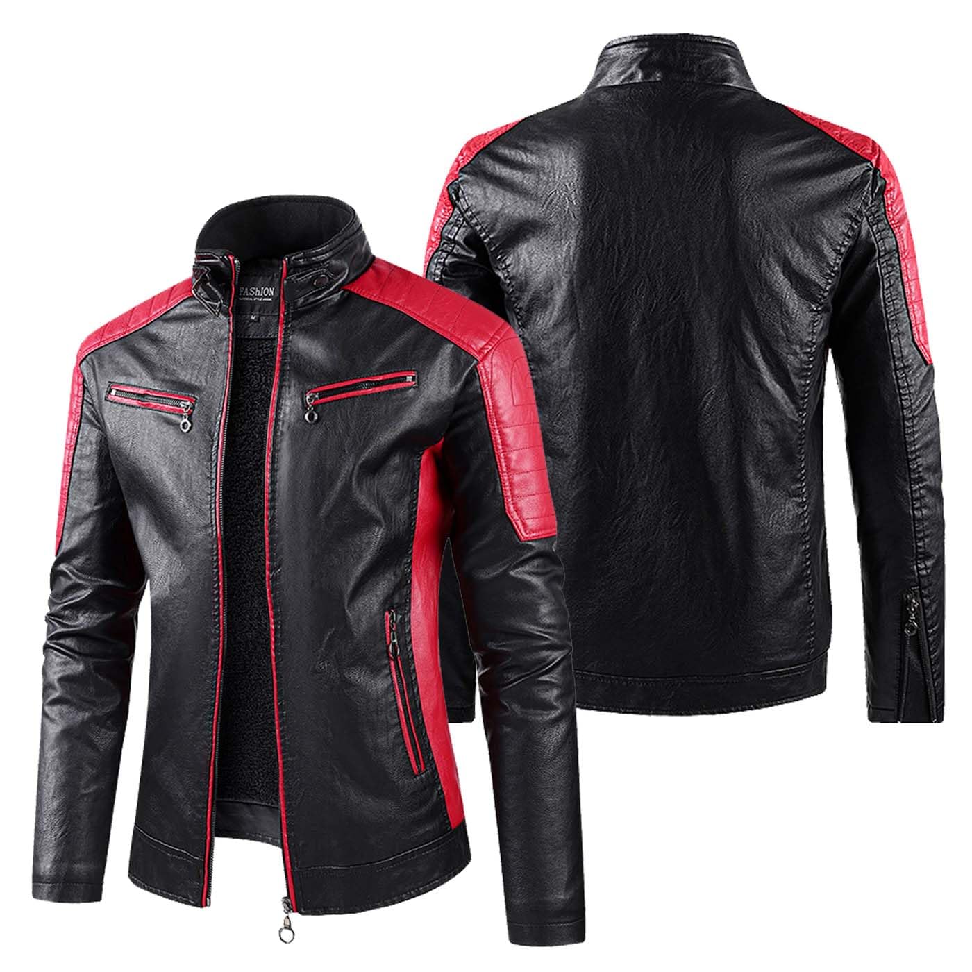 Men's PU Leather Motorcycle Jacket Stand Collar Slim Fit Leather